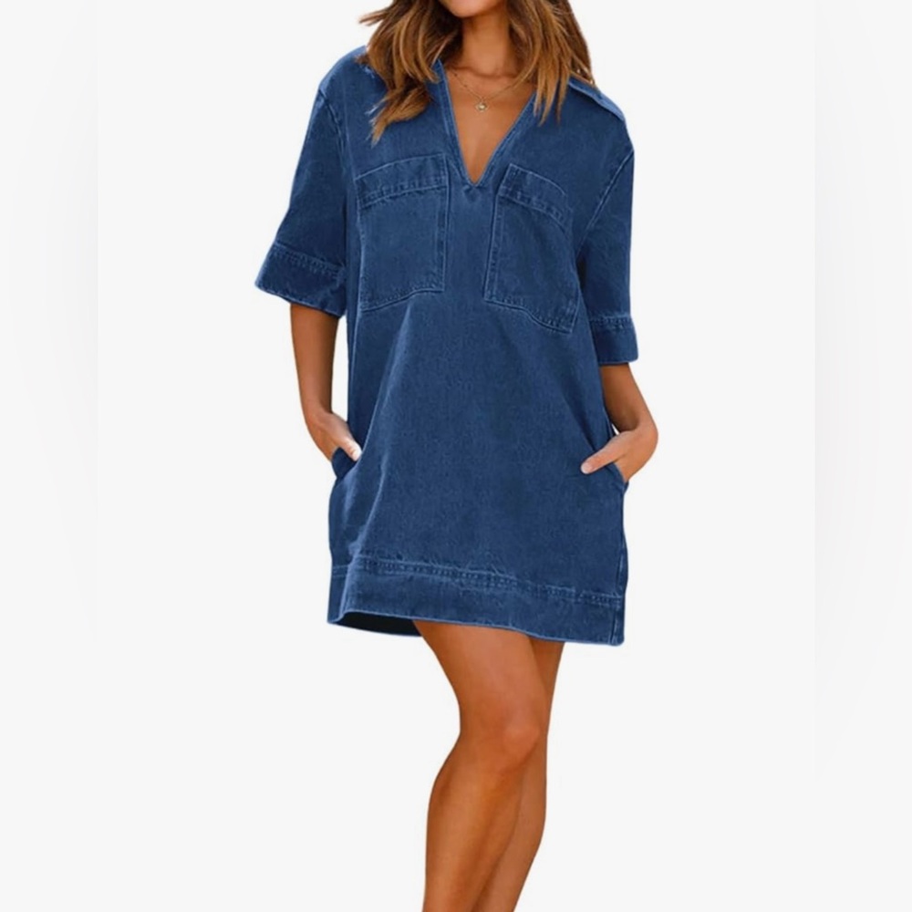 V neck, short sleeve denim dress
